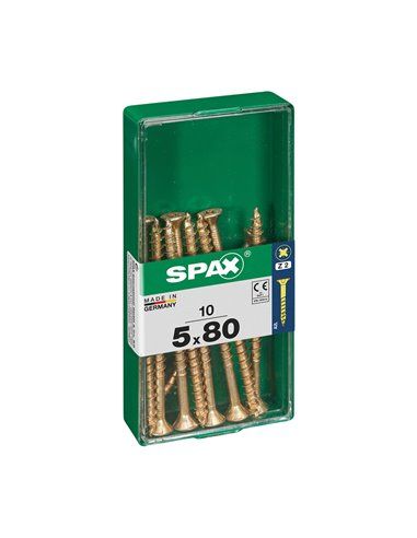 Caixa de 10 unidades de parafuso para madeira Spax com cabeça plana Yellox 5,0x80mm Spax