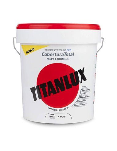 PINTURA PLÁSTICA LAVABLE MATE INTERIOR-EXTERIOR  COBERTURA TOTAL BLANCO 15l TITANLUX 06T100015