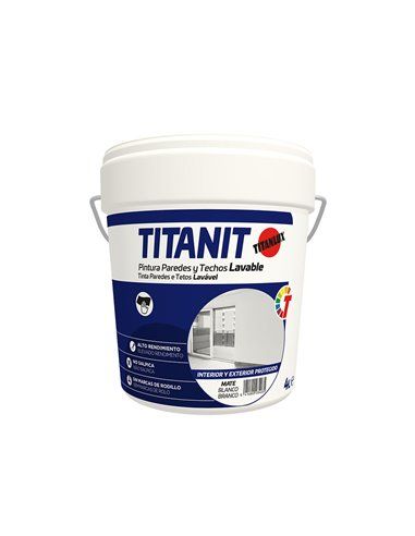 PINTURA PARA PAREDES Y TECHOS LAVABLE TITANIT MATE BLANCO INTERIOR Y EXTERIORES PROTEGIDOS  4l TITANLUX 029190004