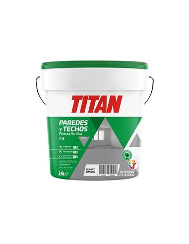 PINTURA ACRÍLICA PARA DECORACIÓN DE PAREDES Y TECHOS T-3 BLANCO.MATE  15l TITAN 123000315