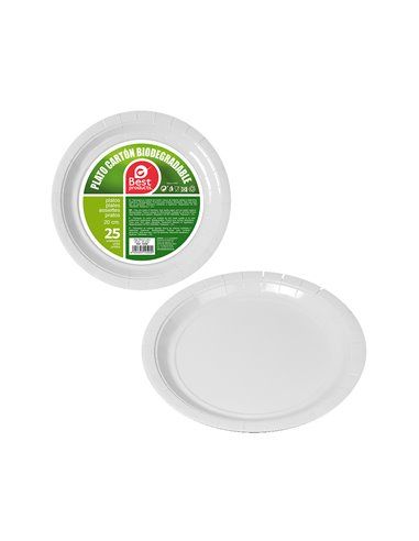 PACK CON 25UNID. PLATOS BLANCOS CARTÓN 20CM BEST PRODUCTS GREEN