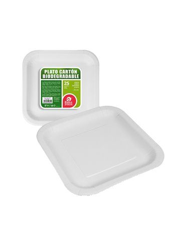 PACK CON 25UNID. PLATOS CUADRADOS BLANCOS CARTÓN 20CM BEST PRODUCTS GREEN