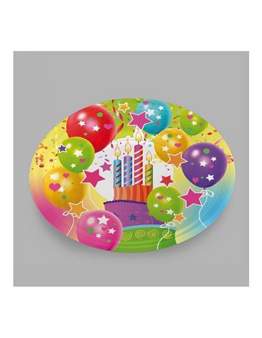 BOLSA CON 4 PLATOS DISEÑO GLOBOS Y VELAS 23CM CARTON