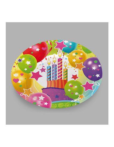 BOLSA CON 6 PLATOS DISEÑO GLOBOS Y VELAS 18CM CARTON