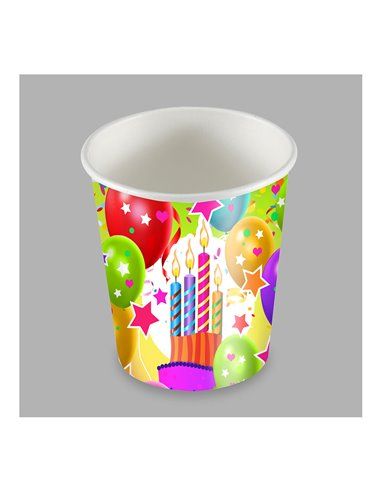 BOLSA CON 25 VASOS DISEÑO GLOBOS Y VELAS 200cc CARTON