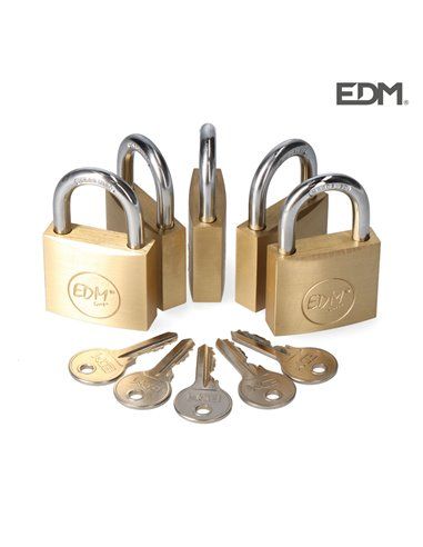 PACK 5 CANDADOS LATON ARCO NORMAL 5 LLAVES IGUALES 40X23MM EDM