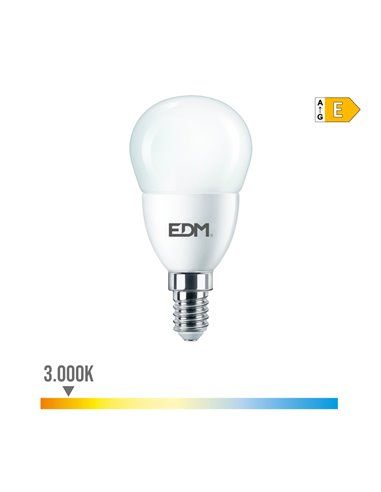 BOMBILLA ESFERICA E14 7W 806 lm 3000K LUZ CALIDA Ø4,8x9,5cm EDM