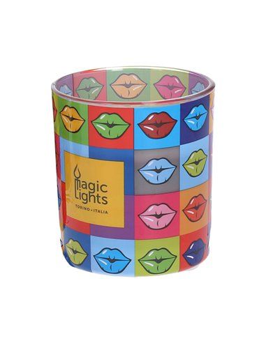 Vela en vaso pop art ø7,5cm al.8,4cm labios magic lights