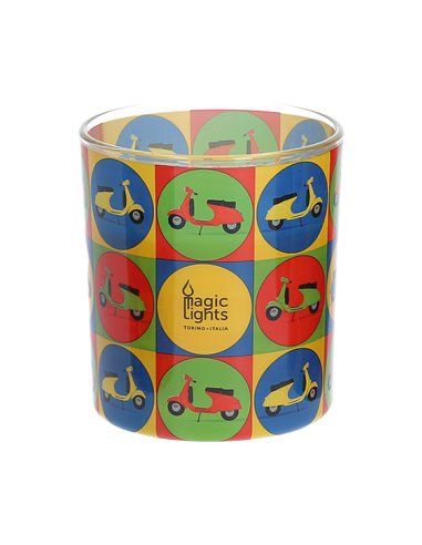 Vela en vaso pop art ø7,5cm al.8,4cm moto magic lights