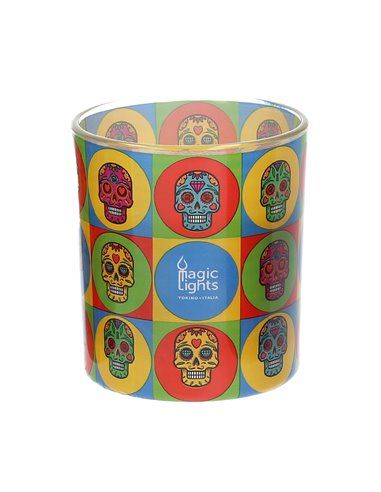 Vela en vaso pop art ø7,5cm al.8,4cm skull magic lights.