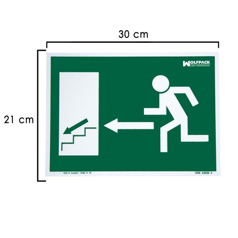 Sinal Fluorescente Saída de Escada Esquerda para Baixo 21x30 cm.