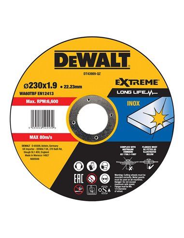 Disco de corte rápido de aço inoxidável DEWALT com grão profissional 230x1,9x22,23mm (DT43909-QZ)