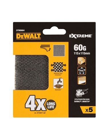 S.of. pack 5 mesh sandpaper 1/4, 115x115mm grain 60 for orbital sanders dtm8664-qz dewalt