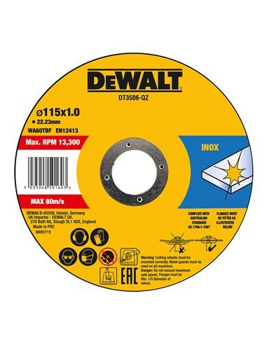 S.de. lot de 10 disques à tronçonner pour inox 115x1x22,23mm dt3506-qz dewalt