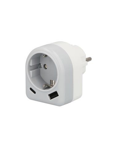 Enchufe / Adaptador Schuko Con 2 Tomas, USB A / C. Potencia Maxima 3680 W. Cargador Moviles, Cargador 2 Tomas, Adaptador Moviles