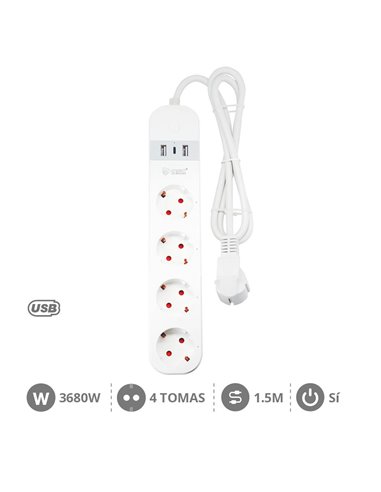 Base múltipla inteligente com 4 tomadas + 2xUSB + C 1,5M