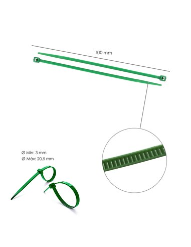 Brida Nylon 100%. Color Verde 2,5 x 100 mm. Bolsa 100 Unidades. Abrazadera Plastico, Organizador Cables, Alta Resistencia