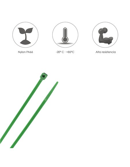Brida Nylon 100%. Color Verde 2,5 x 100 mm. Bolsa 100 Unidades. Abrazadera Plastico, Organizador Cables, Alta Resistencia