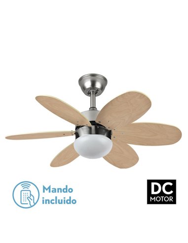 Ventilador Dc Alves 2xe27 Niquel 6 Aspas Rev. Haya/plata 41x85d C/ Remoto Y Temporizador