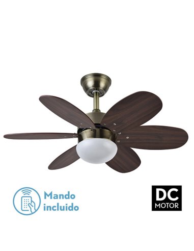 Ventilador Dc Alves 2xe27 Cuero 6 Aspas Rev. Cerezo/nogal 41x85d  C/ Remoto Y Temporizador