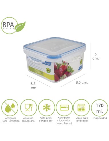 Hermetic Square Plastic Container 170 ml. 8.5x8.5x5 (H) cm.