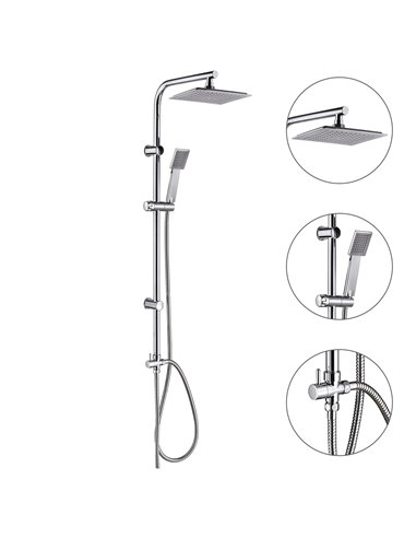 Universal Multifunctional Complete Square Shower Column, Chromed Steel, Rain Shower Head 22.5x22.5 cm.