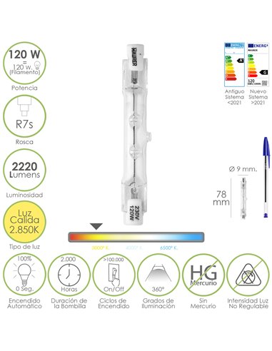 Bombilla Halogena Para Focos Rosca R7S. 120 Watt. 2220 Lumenes. Luz Cálida (2850º K.)