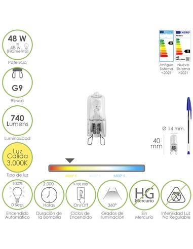 Bombilla Halogena G-9. 48 W. 740 lumenes. Luz cálida (3.000º K.)