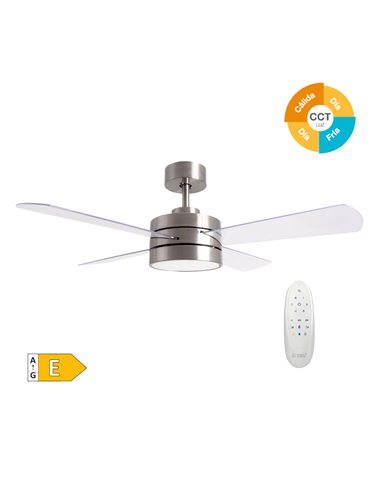 Ventilador de techo con mando 44' motor DC CCT regulable 4 aspas Transparente y níquel