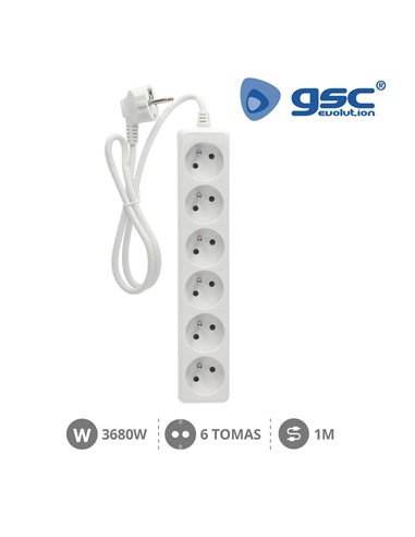 Base múltiple sistema francés 6 enchufes + interruptor 3x1mm 1 metro blanco