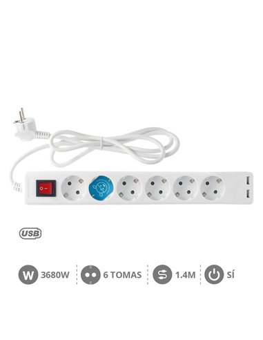 Base múltipla 6T + 2 USB + Int. (3x1,5mm) 1,4M Branco