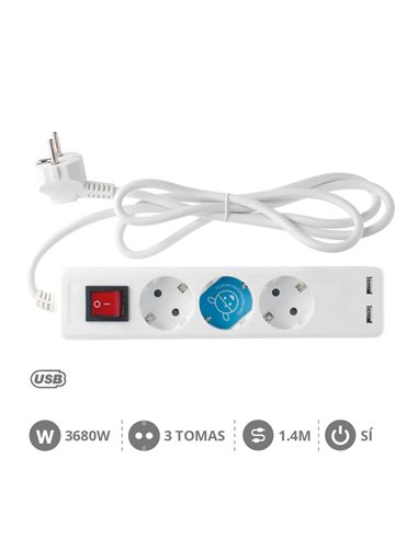 Base múltiple 3T + 2 USB + Int. (3x1.5mm) 1,4M Blanca