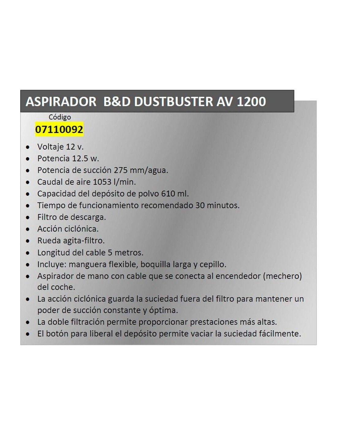 Black & Decker ADV1200 Aspirateur Voiture 12V 610ML Adaptateur +  Accessoires
