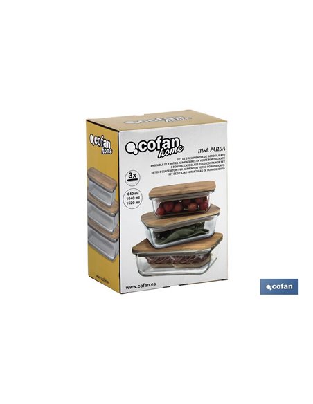 Set De 3 Recipientes De Borosilicato Con Tapa De Bambú Modelo Panda 640 Ml-1040 Ml -1520 Ml