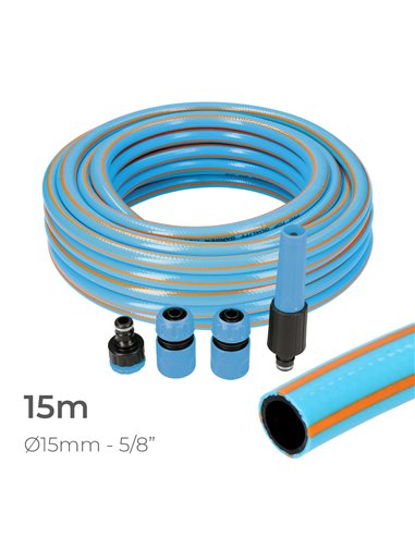 Kit manguera jardin profesional interior ø15mm exterior ø20mm (5/8") 15m con accesorios pvc edm