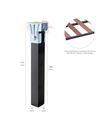 Juego Patas Somier Cuadradas (4 Unidades) Tubo 30x30 mm. Para Somier de  40x30 mm. Altura 25