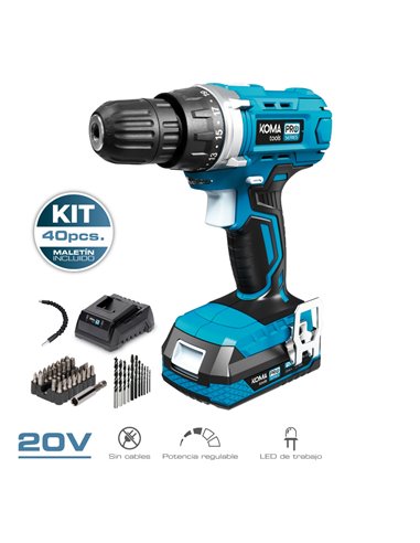 Kit taladro atornillador con 40 accesorios 20V con batería y cargador Koma Tools