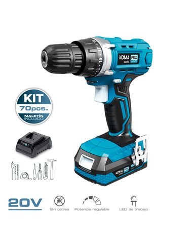 Kit taladro atornillador con 71 accesorios 20V con batería y cargador Koma Tools