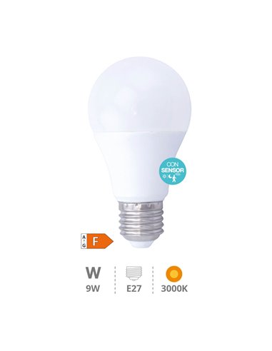 Lámpara LED estándar con sensor presencia + crepuscular 9W E27 3000K