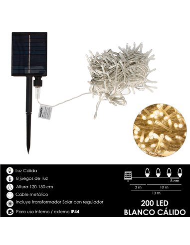 Luces Navidad Solar 200 Leds Luz Calida. Bateria Recargable Uso en Exteriores / Interiores Ip44