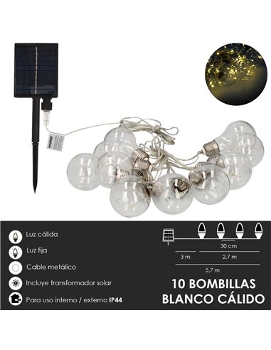 Guirnalda Solar 10 Bombillas / 50 Micro Leds Luz Calida. Bateria Recargable Uso en Exteriores / Interiores Ip44