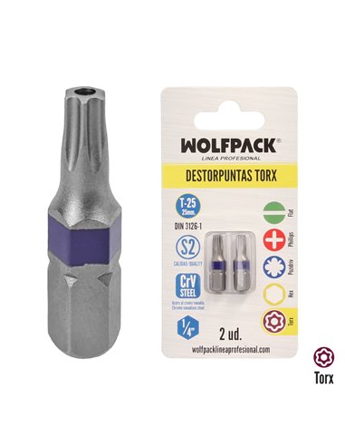 Puntas Destornillador Torx 25 Inviolable (2 Piezas). Acero S2 al Cromo Vanadio. Puntas Hexagonales, Destorpuntas,