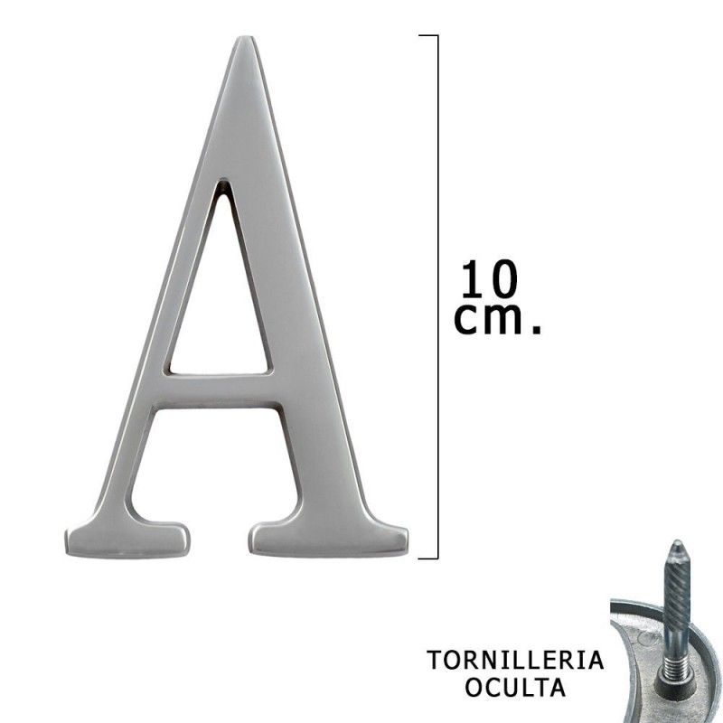 Metal Letra "A" Prata Fosco 10 cm. com parafusos ocultos (blister de 1 peça)