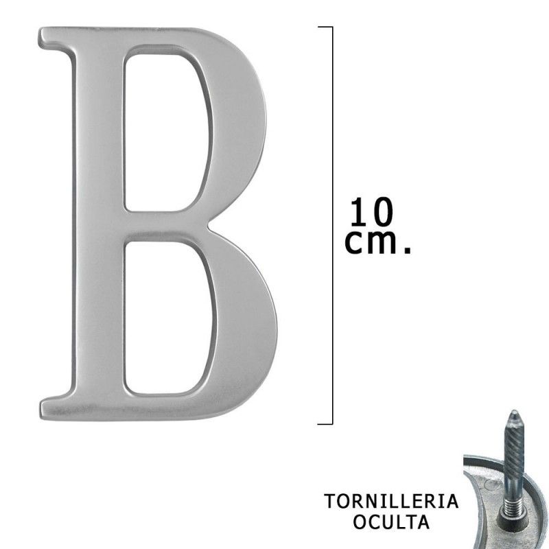 Metal Letra "B" Prata Fosco 10 cm. com parafusos ocultos (blister de 1 peça)