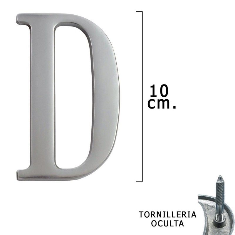 Metal Letra "D" Prata Fosco 10 cm. com parafusos ocultos (blister de 1 peça)