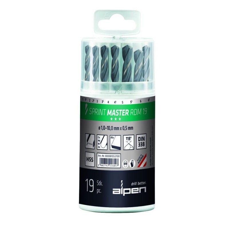 Estojo de broca Alpen HSS Sprint Master 19 peças