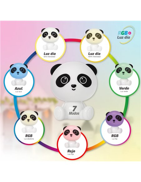 Luz de noche infantil LED Panda 2,5W RGB + luz día batería recargable Blanco