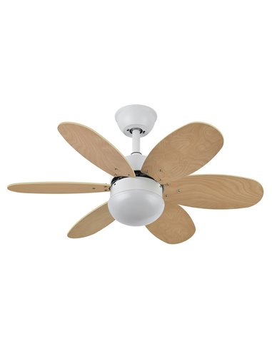 FABRILAMP 175791601 | Dc Alves 2xe27 Ventilateur Blanc Avec 6 Pales Rev. Blanc/hêtre 41x85d C/Télécommande Et Minuterie