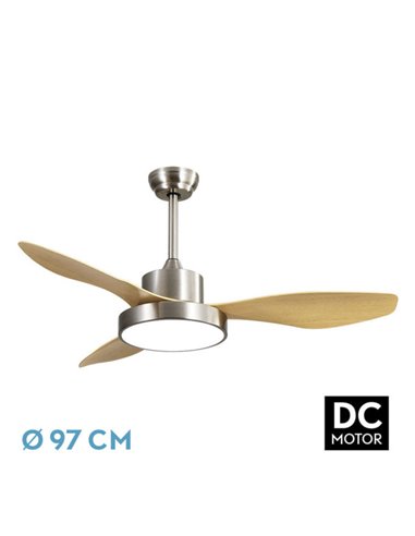 Ventilador Dc Hayate 24w 2650lm Niquel/haya 3aspas  6vel 97d 3000-4000-6000k Remoto,memoria Y Temporizador