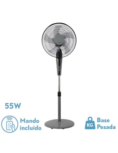 Ventilador De Pie Borlon Negro/gris 3 Vel.55w 5x2aspas Orientable+ Remoto+ Temporizador Regx43x40 Cm